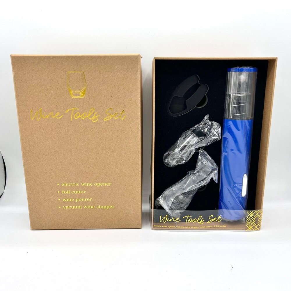 NIB ELECTRIC WINE TOOLS GIFT SET W/ BLUE OPENER POURER STOPPER & FOIL CUTTER